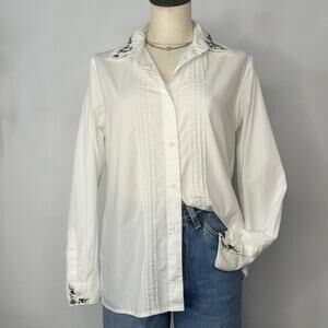 Vintage White Blouse Buttion Front Long Sleeves Embroidery Officecore Size 10